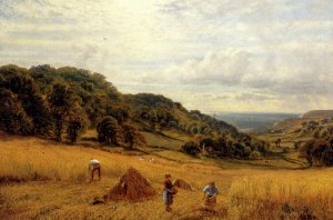 Harvesting At Luccombe, Isle Of Wight by Alfred Glendening Oil Painting