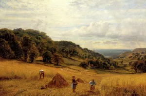 Harvesting At Luccombe, Isle Of Wight by Alfred Glendening Oil Painting