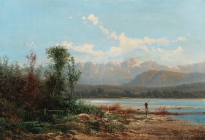 A Mountainous Lake Landscape with Fisherman by Alfred Godchaux Oil Painting