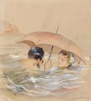 Male and Female Bathers with Umbrella by Alfred Grevin Oil Painting