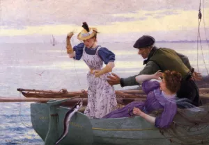 Her First Catch by Alfred Guillou - Oil Painting Reproduction