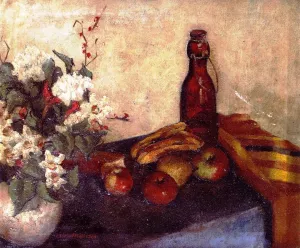 Still Life of Flowers in a Bowl, Fruit and a Glass Bottle Oil painting by Alfred Henry Maurer