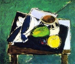 Still Life with Ceramic Bowl on Green Background