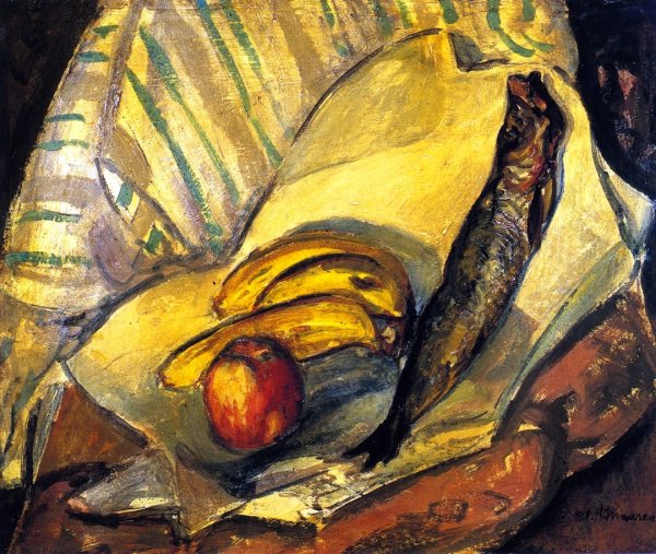 Main Product Photo of Still Life with Trout, Bananas and Apple Painting by Alfred Henry Maurer