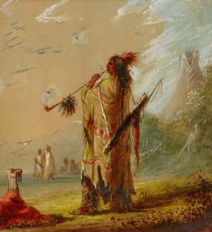 A Shoshonee Indian Smoking by Alfred Jacob Miller Oil Painting