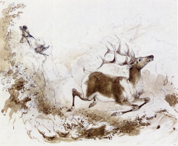 Main Product Photo of Death of the Elk Painting by Alfred Jacob Miller