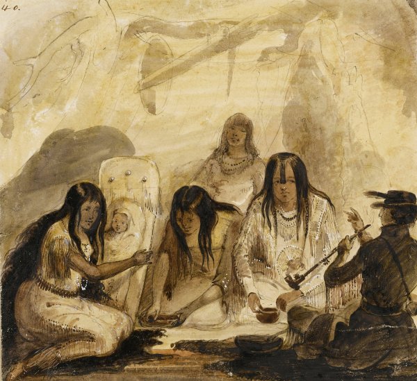 Main Product Photo of Indian Hospitality, Conversing With Signs  Painting by Alfred Jacob Miller