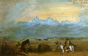 Spurs of the Rocky Mountains - Baiting the Buffalo by Alfred Jacob Miller Oil Painting