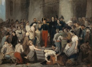 Le duc d'Orleans visitant les malades de l'Hotel-Dieu pendant l'epidemie de cholera, en 1832 by Alfred Johannot Oil Painting