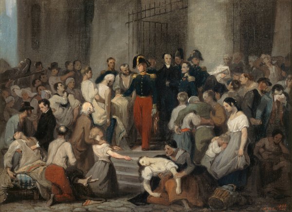 Le duc d'Orleans visitant les malades de l'Hotel-Dieu pendant l'epidemie de cholera, en 1832  by Alfred Johannot - Hand-Painted Oil Painting Reproduction