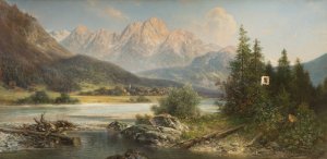River landscape at the foot of the Alps by Alfred Karl Julius Von Schonberger Oil Painting