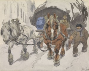 Boerenwagen met twee paarden ervoor by Alfred Ost Oil Painting
