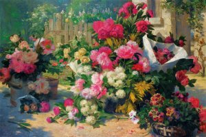 Flower Baskets And Flower Pots In A Garden by Alfred Petit Oil Painting