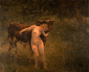 Woman and Bull by Alfred Philippe Roll Oil Painting