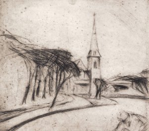 Vej med kirke by Alfred Simonsen Oil Painting