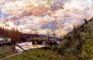 Barge on the Seine, Autumn Effect by Alfred Sisley - Oil Painting Reproduction