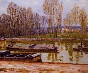 Barges on the Loing Canal, Spring painting by Alfred Sisley