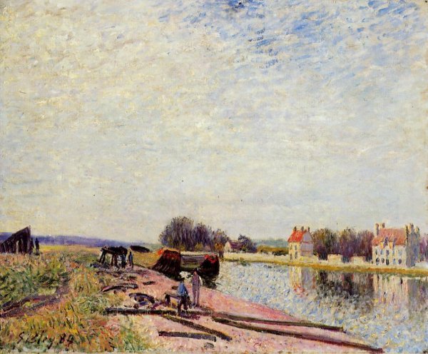 Main Product Photo of Barges on the Loing, Saint-Mammes Painting by Alfred Sisley