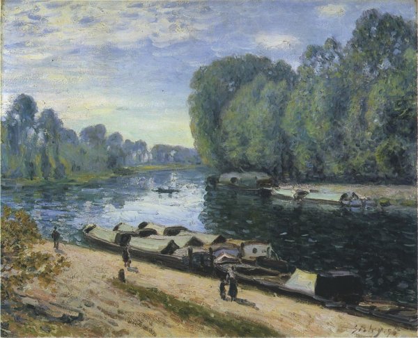 Main Product Photo of Boats on the Loing River Painting by Alfred Sisley