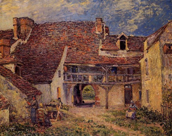 Courtyard of a Farm at Saint-Mammes by Alfred Sisley - Hand-Painted Oil Painting Reproduction