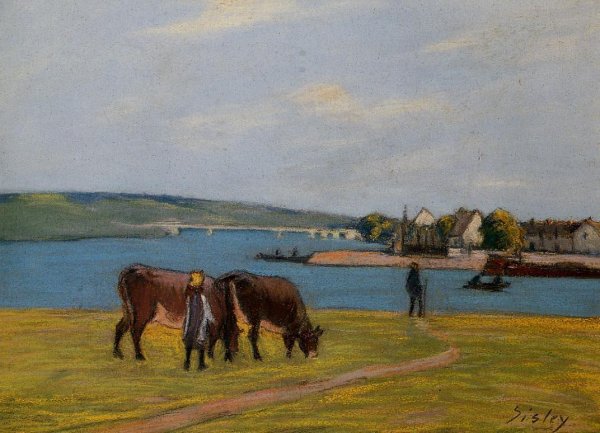 Main Product Photo of Cows by the Seine at Saint-Mammes Painting by Alfred Sisley