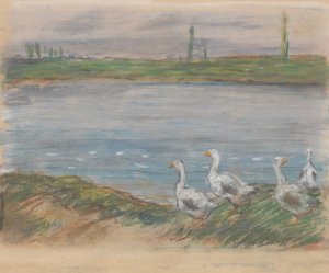 Four Geese By a Pond by Alfred Sisley Oil Painting