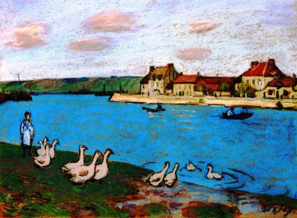 Main Product Photo of Geese Along The Loing River Painting by Alfred Sisley