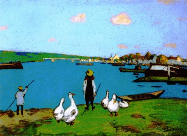 Main Product Photo of Goose Keeper along the Loing River Painting by Alfred Sisley