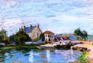Houses by the Lock at La Gazonne by Alfred Sisley Oil Painting