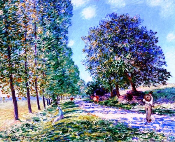 Main Product Photo of Lane of Poplars at Moret on the Banks of the Loing Painting by Alfred Sisley