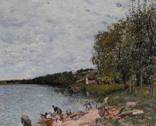 Lavandieres pres de Champagne  by Alfred Sisley - Hand-Painted Oil Painting Reproduction
