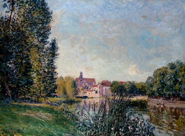 Main Product Photo of Loing River and Church at Moret Painting by Alfred Sisley