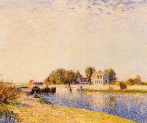 The Dam on the Loing - Barges by Alfred Sisley Oil Painting