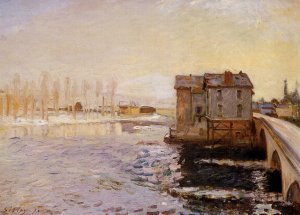 The Moret Bridge and Mills under Snow by Alfred Sisley Oil Painting
