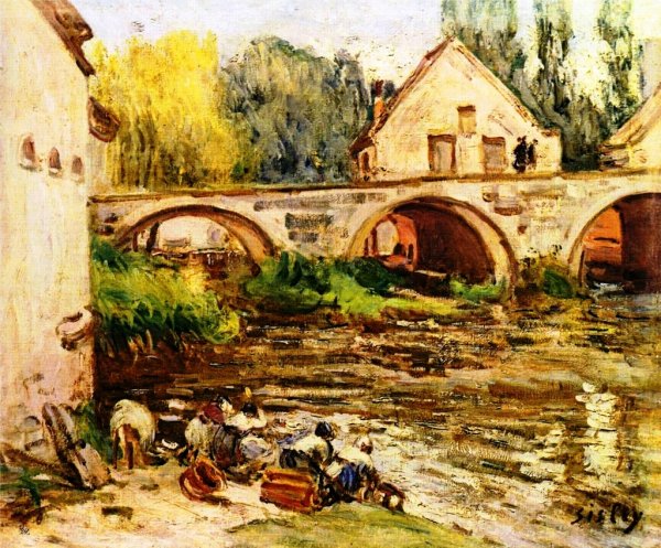 The Washerwomen of Moret by Alfred Sisley - Hand-Painted Oil Painting Reproduction