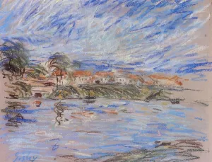 View of a Village by a River by Alfred Sisley Oil Painting