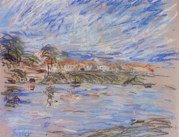 Main Product Photo of View of a Village by a River Painting by Alfred Sisley