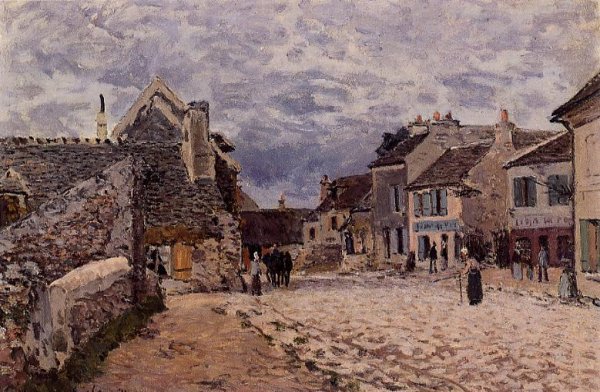 Village Street - Grey Weather by Alfred Sisley - Hand-Painted Oil Painting Reproduction