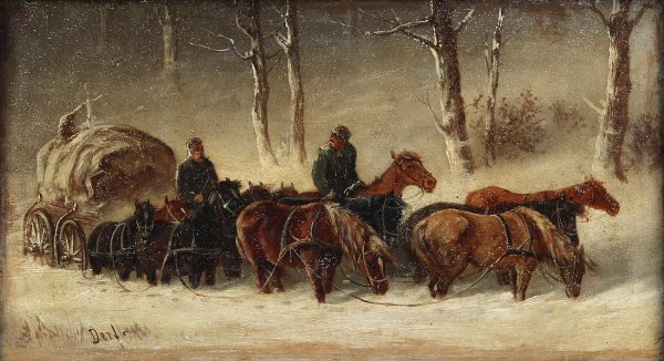 Auspannen des Pferdeschlitten by Alfred Steinacker - Hand-Painted Oil Painting Reproduction