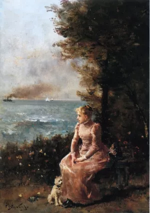 A Young Girl Seated by a Tree by Alfred Stevens Oil Painting