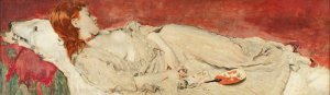 A young red-hair girl sleeping on a bearskin by Alfred Stevens Oil Painting