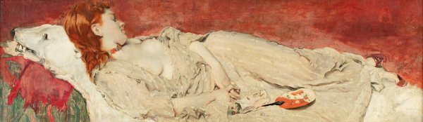 A young red-hair girl sleeping on a bearskin by Alfred Stevens - Hand-Painted Oil Painting Reproduction