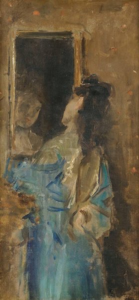 Girl in blue looking in a mirror by Alfred Stevens Oil Painting