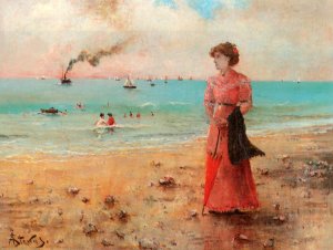 Jeune femme a l'ombrelle rouge au bord de la mer