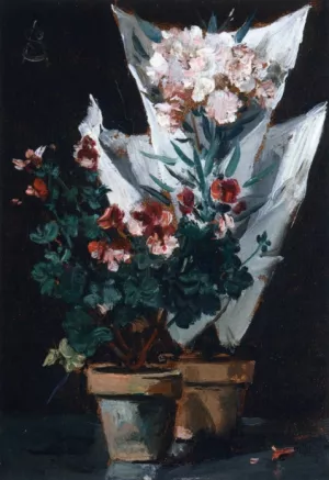 Still Life wit Potted Geraniums by Alfred Stevens Oil Painting