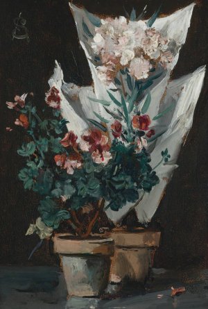 Still life with potted geraniums by Alfred Stevens Oil Painting