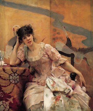 Young Woman with a Japanese Screen by Alfred Stevens Oil Painting