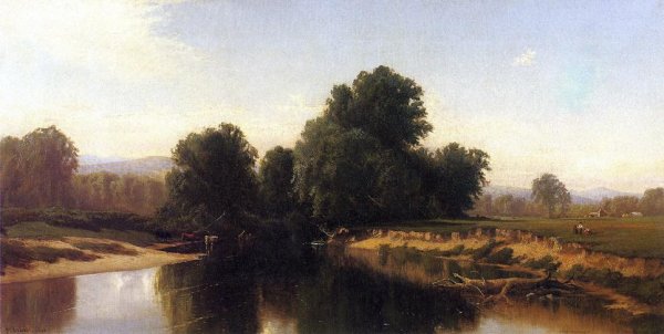 Cattle by the River by Alfred Thompson Bricher - Hand-Painted Oil Painting Reproduction