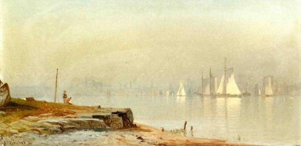 Harbor Scene and White Sails by Alfred Thompson Bricher - Hand-Painted Oil Painting Reproduction