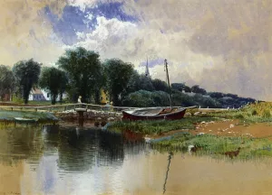 Landscape with Children on a Bridge by Alfred Thompson Bricher - Oil Painting Reproduction